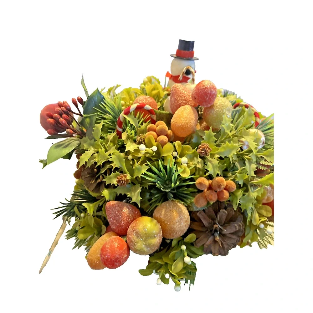 Vintage Christmas Centerpiece Retro Snowman Plastic Fruit & Foliage Holiday Deco
